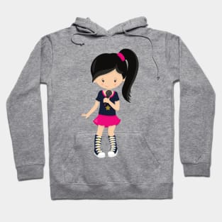 Rock Girl, Black Hair, Microphone, Band Singer Hoodie